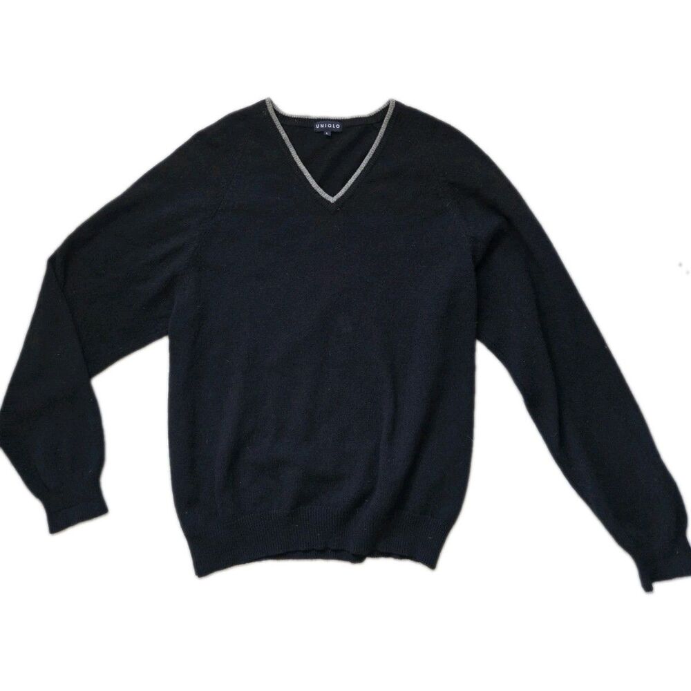 Uniqlo Black 100% Merino Wool V-Neck Sweater Gray Trim Long Sleeve Sz L EUC